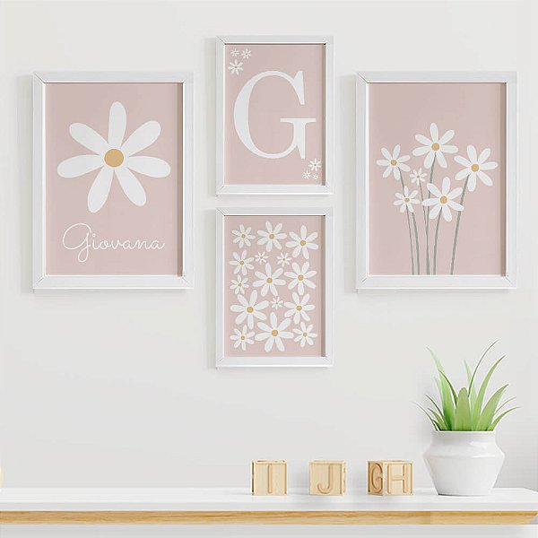 Quadros para quarto de bebê Margaridas com Inicial e Nome