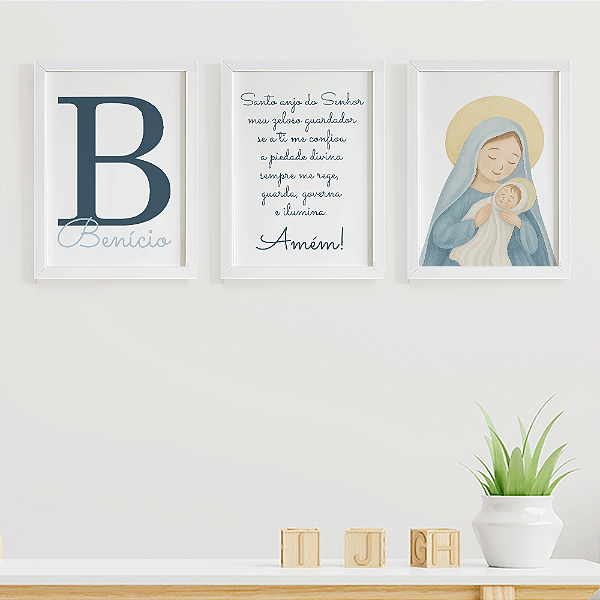 Quadros para quarto de bebê Santo Anjo Nossa Senhora com Inicial e Nome
