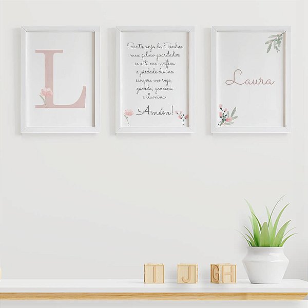 Quadros para quarto de bebê Santo Anjo do Senhor com Inicial e Nome