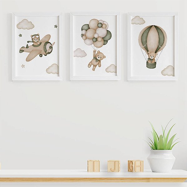 Quadros para quarto de bebê Ursinho Aviador Balão