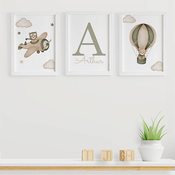 Quadros para quarto de bebê Ursinho Aviador com Inicial e Nome