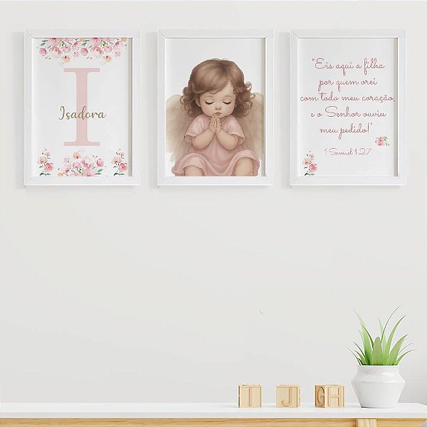 Quadros para quarto de bebê Anjinha Eis aqui a filha por quem orei Inicial e Nome
