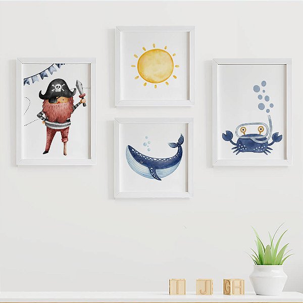 Quadros para quarto de bebê Pirata Sol Baleia Caranguejo