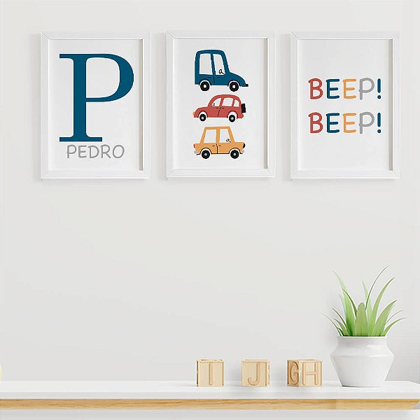 Quadro para quarto de bebê Carrinhos com Inicial e Nome