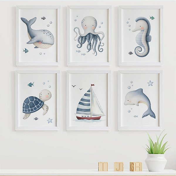 Quadros para quarto de bebê Fundo do mar Animais Marinhos e Barco