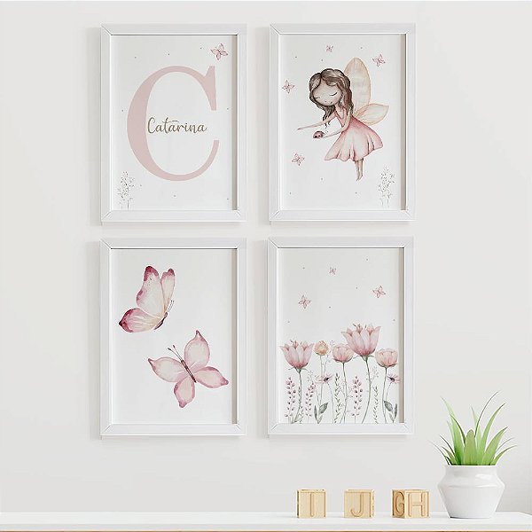 Quadros para quarto de bebê Fada Borboletas e Flores com Inicial e Nome
