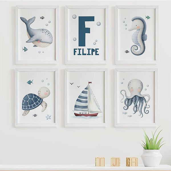 Quadros para quarto de bebê Fundo do mar Barco com Inicial e Nome