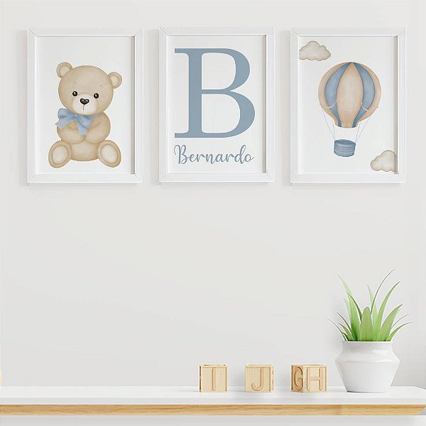 Quadro para quarto de bebê Urso Balão com Inicial e Nome
