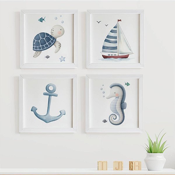 Quadros para quarto de bebê Fundo do Mar Tartaruga Barco Âncora Cavalo Marinho