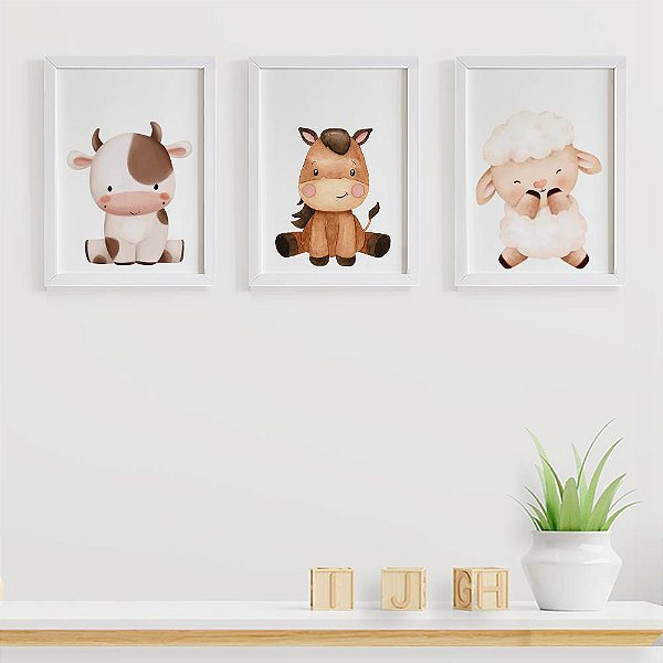 Quadros para quarto de bebê Fazendinha Vaca Cavalo Ovelha