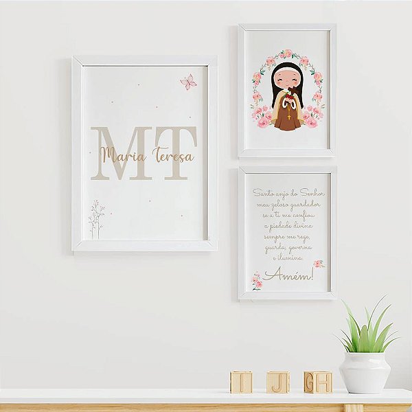 Quadros para quarto de bebê Santa Tereza Santo Anjo com Inicial e nome