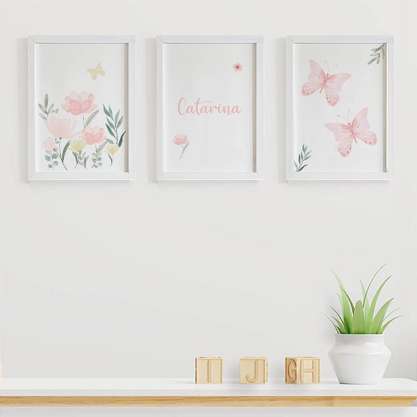 Quadros para quarto de bebê Borboletas Flores e Nome