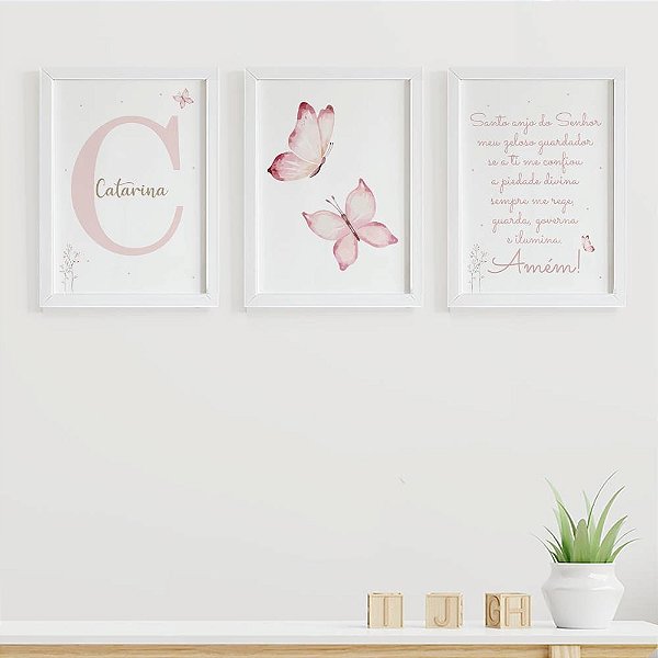 Quadros para quarto de bebê Santo Anjo Borboletas com Inicial e Nome