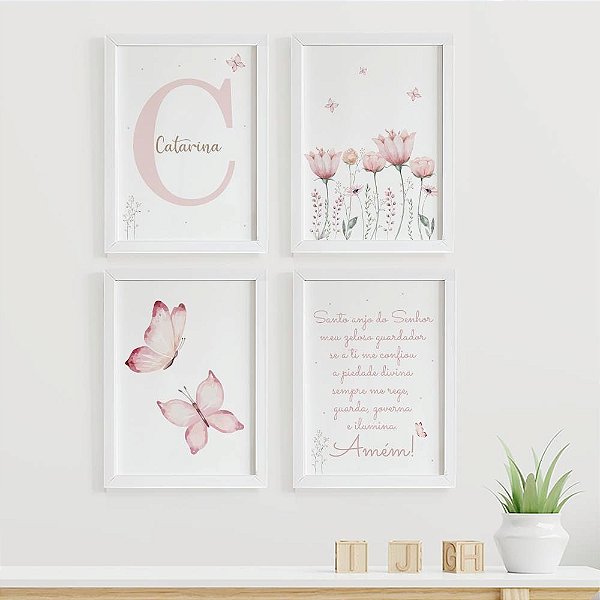 Quadros para quarto de bebê Santo Anjo Borboletas Flores com Inicial e Nome