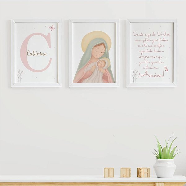 Quadros para quarto de bebê Santo Anjo Nossa Senhora Inicial e Nome