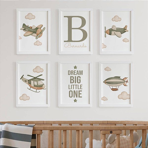 Quadros para quarto de bebê Avião com Frase Inicial e Nome