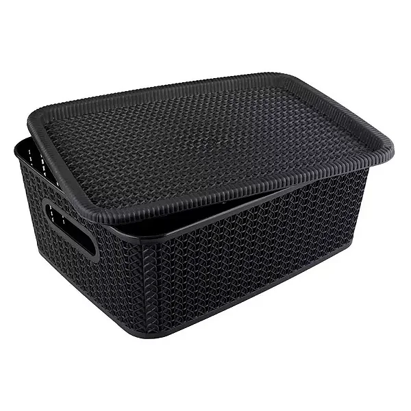 Caixa organizadora Rattan com tampa, Preta, 12,5L, OR24-05, São Bernardo
