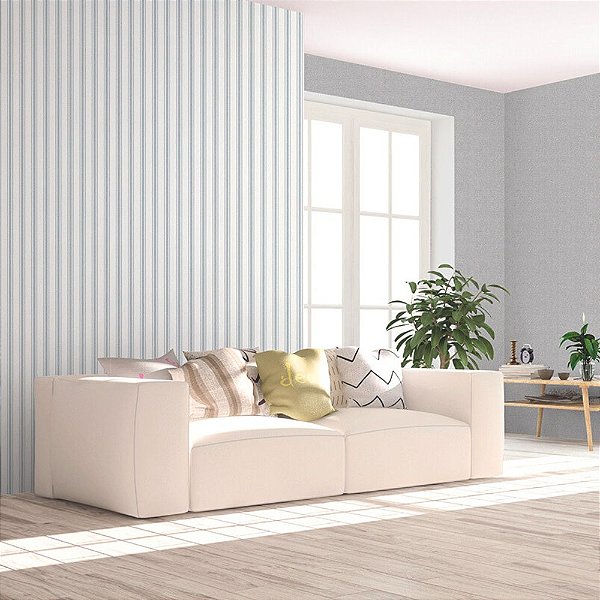 Papel de Parede Texturizado Listras Verticais Branco e Azul Oceano - PP440-1