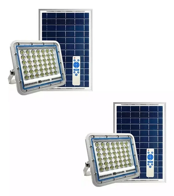 Kit 2 Refletor Led 100w C Placa Solar Prova D'água Holofote