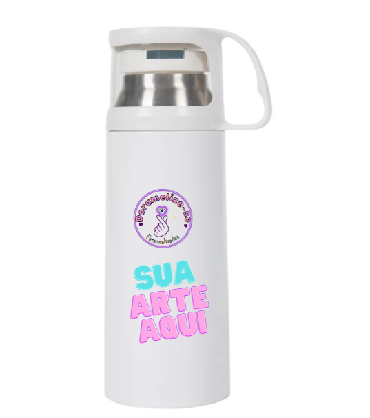 Garrafa Térmica Para com Copo Branco 300ml -  Sua arte aqui!