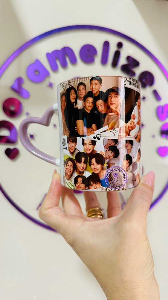 Caneca alça coração Lilás  - Collage BTS