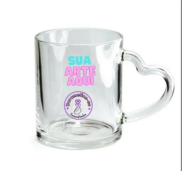 Caneca transparente alça coração - Personalize do seu jeito