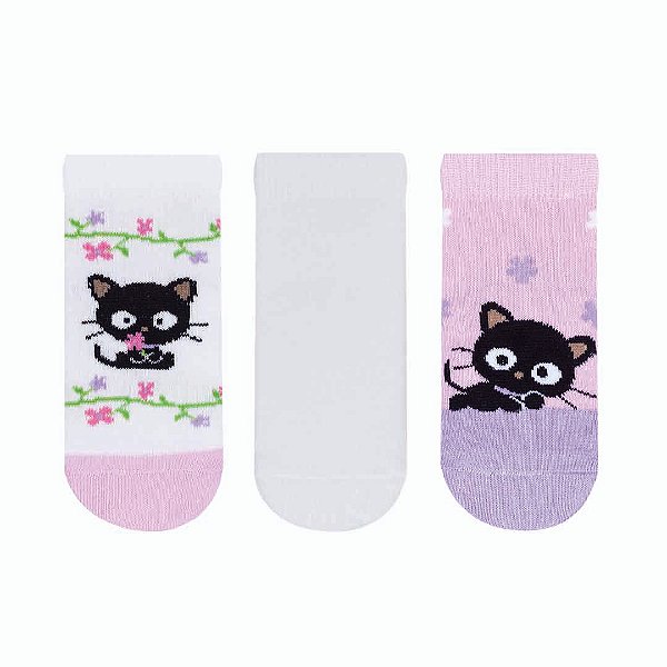 Kit 3 pares Soquete Bebê - ChocoCat - Tam 17 a 22