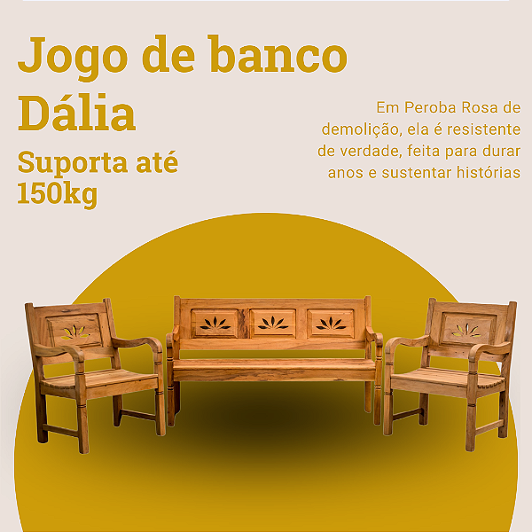 Jogo de Banco Rústico Dália 3 Lugares em Madeira Maciça de Demolição