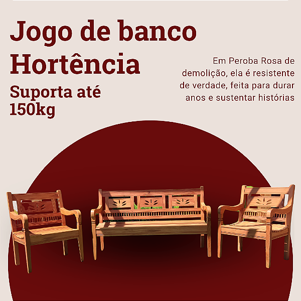 Jogo de Banco Rústico Hortênsia 3 Lugares em Madeira Maciça de Demolição