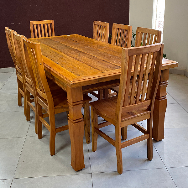 Conjunto de Jantar Rústico Mesa Diamantina com 6 cadeiras em Madeira Maciça de Demolição