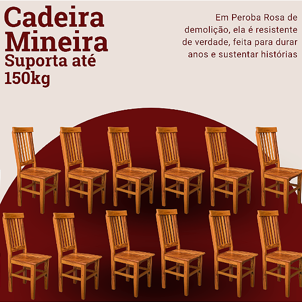 Kit com 12 Cadeiras Rústicas Mineira em Madeira Maciça de Demolição