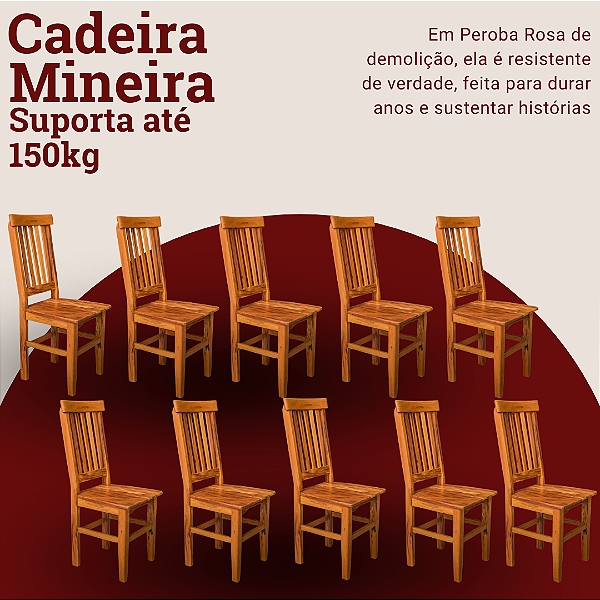 Kit com 10 Cadeiras Rústicas Mineira em Madeira Maciça de Demolição