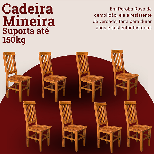 Kit com 8 Cadeiras Rústicas Mineira em Madeira Maciça de Demolição