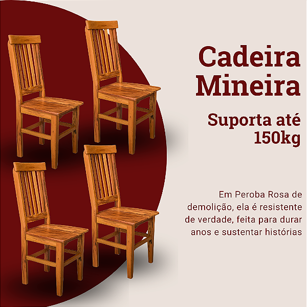 Kit com 4 Cadeiras Rústicas Mineira em Madeira Maciça de Demolição