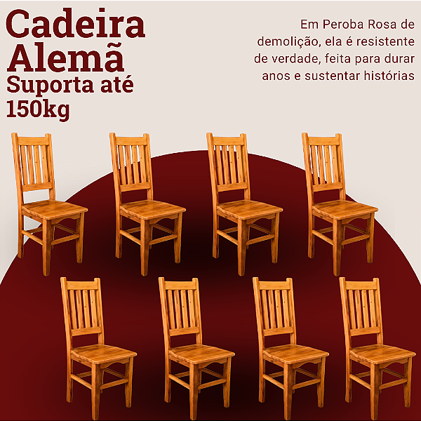 Kit com 8 Cadeiras Rústicas Alemã em Madeira Maciça de Demolição