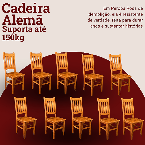 Kit com 10 Cadeiras Rústicas Alemã em Madeira Maciça de Demolição