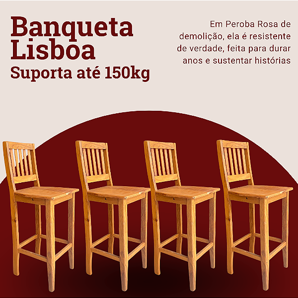Kit com 4 Banquetas Rústica Lisboa em Madeira Maciça de Demolição