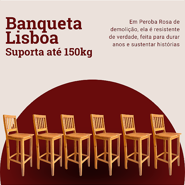 Kit com 6 Banquetas Rústicas Lisboa em Madeira de Demolição