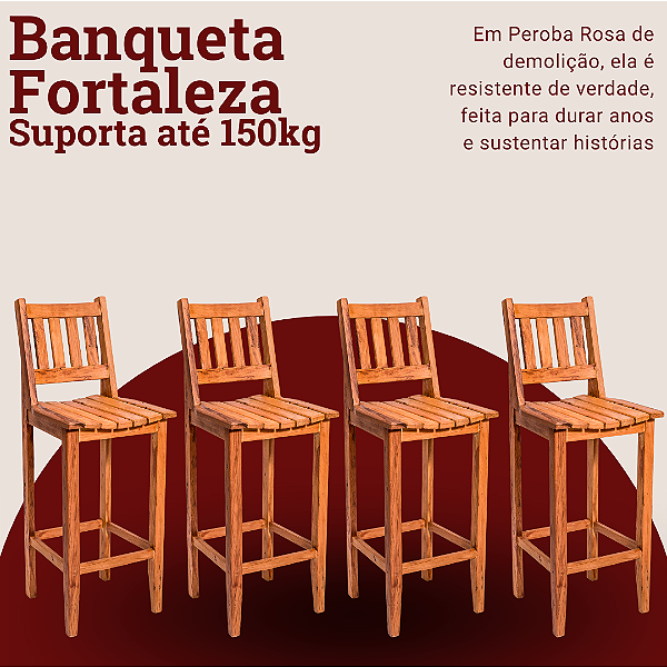 Kit com 4 Banquetas Fortaleza em Madeira de Demolição