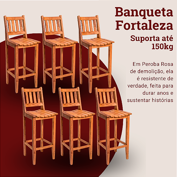Kit com 6 Banquetas Rústicas Fortaleza em Madeira de Demolição