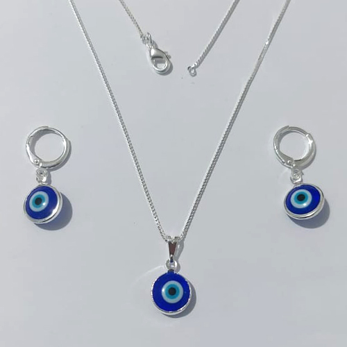 CONJUNTO FOLHEADO A PRATA COM 50 MILÉSIMOS + VERNIZ DIAMOND COM CORRENTE VENEZIANA DE 45CM OLHO GREGO AZUL ESCURO E BRINCO PRCJ000009