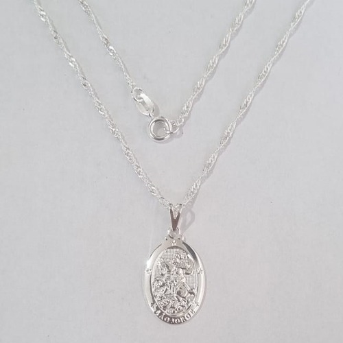 GARGANTILHA FOLHEADA A PRATA COM 50 MILÉSIMOS + VERNIZ DIAMOND CORRENTE SINGAPURA 45CM PINGENTE OVAL SÃO JORGE  20X14MM BORDA ESCRITA PRGG000088