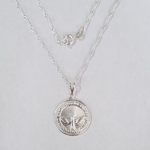 GARGANTILHA FOLHEADA A PRATA COM 50 MILÉSIMOS + VERNIZ DIAMOND CORRENTE SINGAPURA 45CM PINGENTE ESPIRITO SANTO 20MM PRGG000151