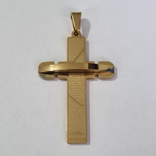 PINGENTE EM AÇO INOXIDAVEL 316L CRUCIFIXO DOURADO COM ORAÇÃO TAMANHO 50MM ACPG000020