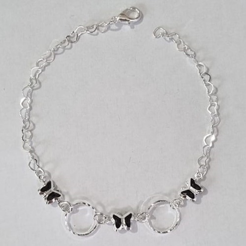 PULSEIRA FOLHEADA A PRATA COM 50 MILÉSIMOS + VERNIZ DIAMOND 19CM COM BORBOLETAS PRETAS FECHO LAGOSTA PRPS000127