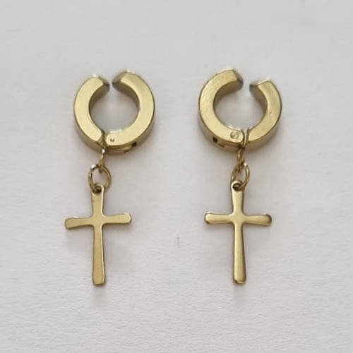 BRINCO EM AÇO INOXIDÁVEL 316L ARGOLA PRESSÃO COM CRUCIFIXO DOURADO 30MM ACBR000059