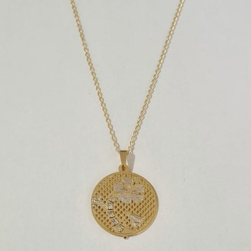 GARGANTILHA FOLHEADA A OURO CORRENTE 42CM MANDALA DESENHO FLOR COM STRASS 24MM OUGG000053
