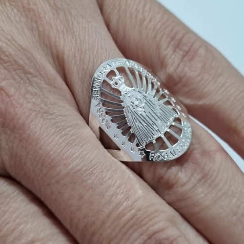ANEL FOLHEADO A PRATA COM 50 MILÉSIMOS + VERNIZ DIAMOND AJUSTÁVEL NOSSA SENHORA APARECIDA PRAN000023