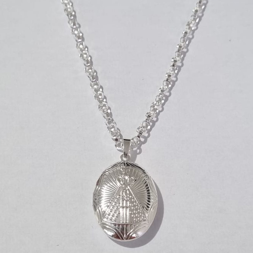 GARGANTILHA FOLHEADA A PRATA  COM 50 MILÉSIMOS  + VERNIZ DIAMOND CORRENTE ELLO PORTUGUESE 45CM RELICÁRIO IMAGEM NOSSA SENHORA APARECIDA 20MM PRGG000790