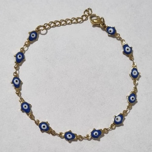 PULSEIRA EM AÇO INOXIDÁVEL DOURADA 316L 17CM OLHOS GREGOS AZUÍS+ EXTENSOR FECHO LAGOSTA ACPS000222
